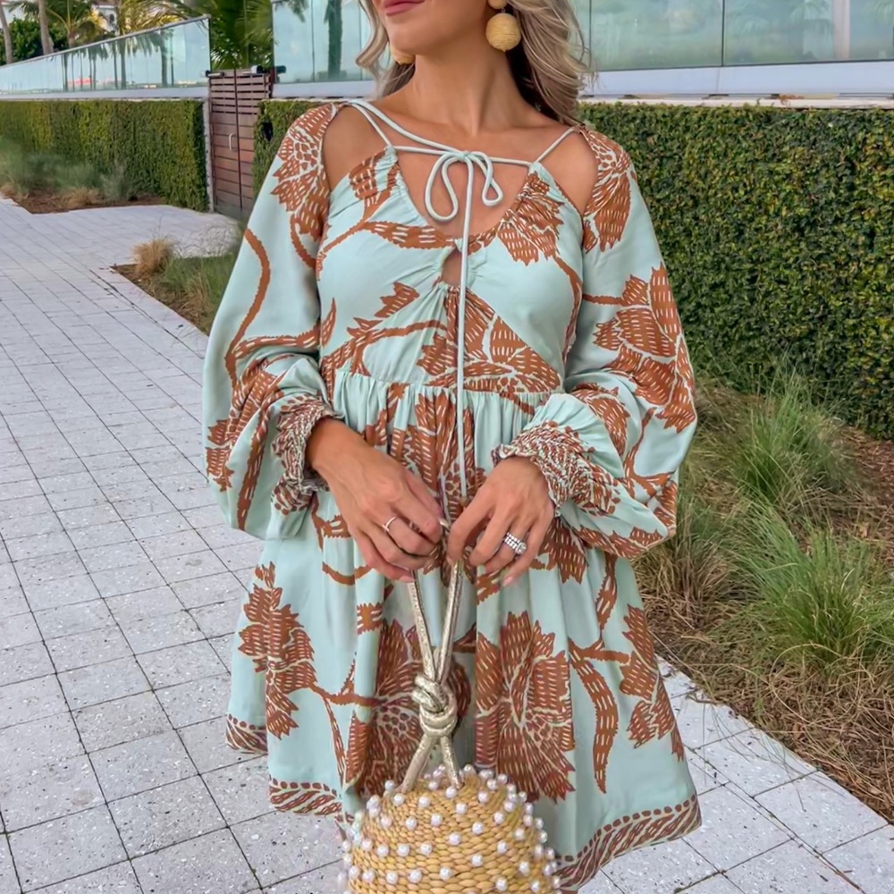 Omika Floral Mini Dress in Mint & Rust - XS